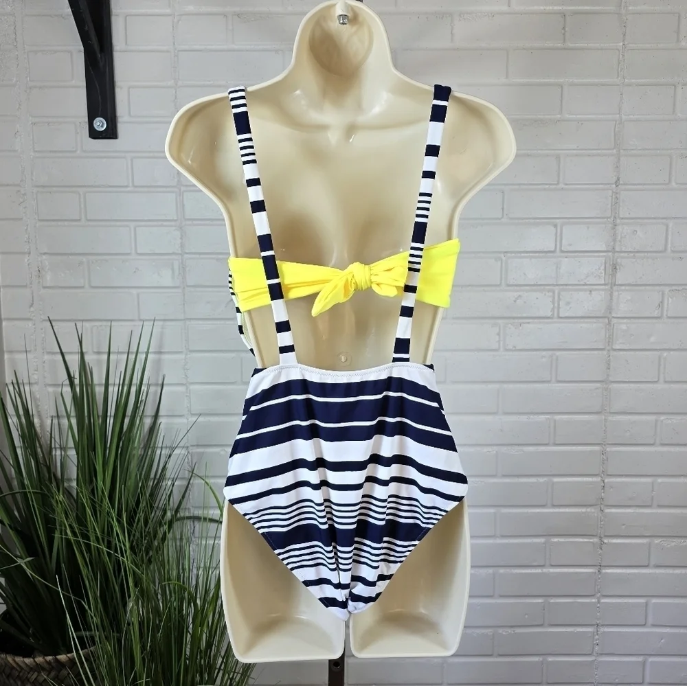 NWT Aerie Striped Layered One-Piece Full Coverage Swimsuit Size Medium Navy Blue